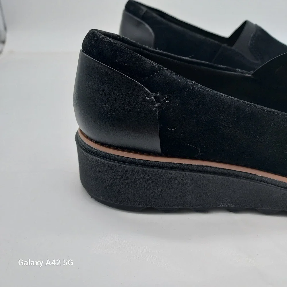 Clarks Collection Sharon Dolly Black Suede Wedge Loafers Womens 8 261558194055